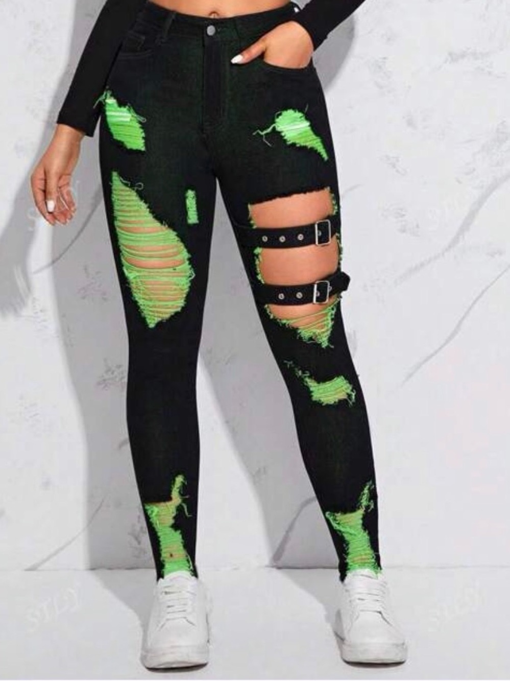 Black Ripped Jeans with Neon Green Underlay & Buckle Straps